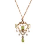 AN ANTIQUE EDWARDIAN PERIDOT AND PEARL PENDANT AND CHAIN in 9ct yellow gold, the openwork pendant