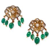 A PAIR OF INDIAN ENAMEL, DIAMOND AND EMERALD EARRINGS set with polki cut diamonds to green emamel