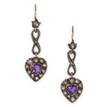 A PAIR OF AMETHYST AND DIAMOND DROP EARRINGS in yellow gold and silver, each comprising a heart