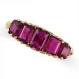 A VINTAGE RUBY FIVE STONE RING in 22ct yellow gold, set with a row of five graduated step cut rubies