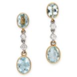 A PAIR OF AQUAMARINE AND DIAMOND DROP EARRINGS in 18ct yellow and white gold, each set with an