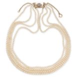 AN ANTIQUE NATURAL SALTWATER PEARL AND DIAMOND NECKLACE in yellow gold, comprising four graduated