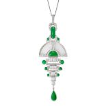 AN ART DECO FRENCH JADEITE JADE, ROCK CRYSTAL AND DIAMOND PENDANT NECKLACE in 18ct white gold and