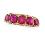 AN ANTIQUE RUBY FIVE STONE RING in yellow gold, set with five graduated cushion cut rubies