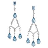 A PAIR OF AQUAMARINE AND DIAMOND CHANDELIER EARRINGS in platinum, each comprising an octagonal
