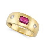 A VINTAGE SPINEL AND DIAMOND GYPSY RING in yellow gold, set with a pink spinel between two round