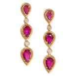 A PAIR OF RUBELLITE TOURMALINE AND DIAMOND DROP EARRINGS in 14ct yellow gold, each set with three