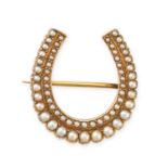 AN ANTIQUE PEARL HORSESHOE BROOCH / PENDANT in yellow gold, designed as a horseshoe set with two