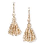 A PAIR OF NATURAL SALTWATER PEARL TASSEL EARRINGS in yellow gold, each comprising a row of pearls