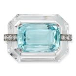 AN AQUAMARINE, ROCK CRYSTAL AND DIAMOND BROOCH in white gold, set with a mixed cushion cut