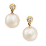 A PAIR OF PEARL AND DIAMOND DROP EARRINGS in yellow gold, each set with a round brilliant cut