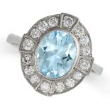 AN AQUAMARINE AND DIAMOND RING in platinum, set with an oval cut aquamarine of approximately 1.29