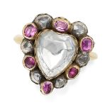 AN ANTIQUE ROCK CRYSTAL, DIAMOND AND RUBY HEART RING, 19TH CENTURY AND LATER in yellow gold and