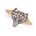 A DIAMOND AND RUBY FOX RING in yellow gold, designed as the head of a fox set with rose cut diamonds