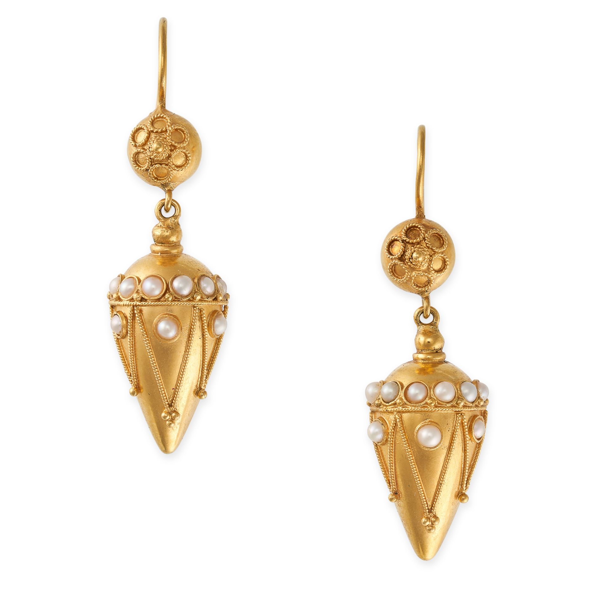 A PAIR OF ANTIQUE PEARL DROP EARRINGS in yellow gold, each designed as an urn set with pearls and...