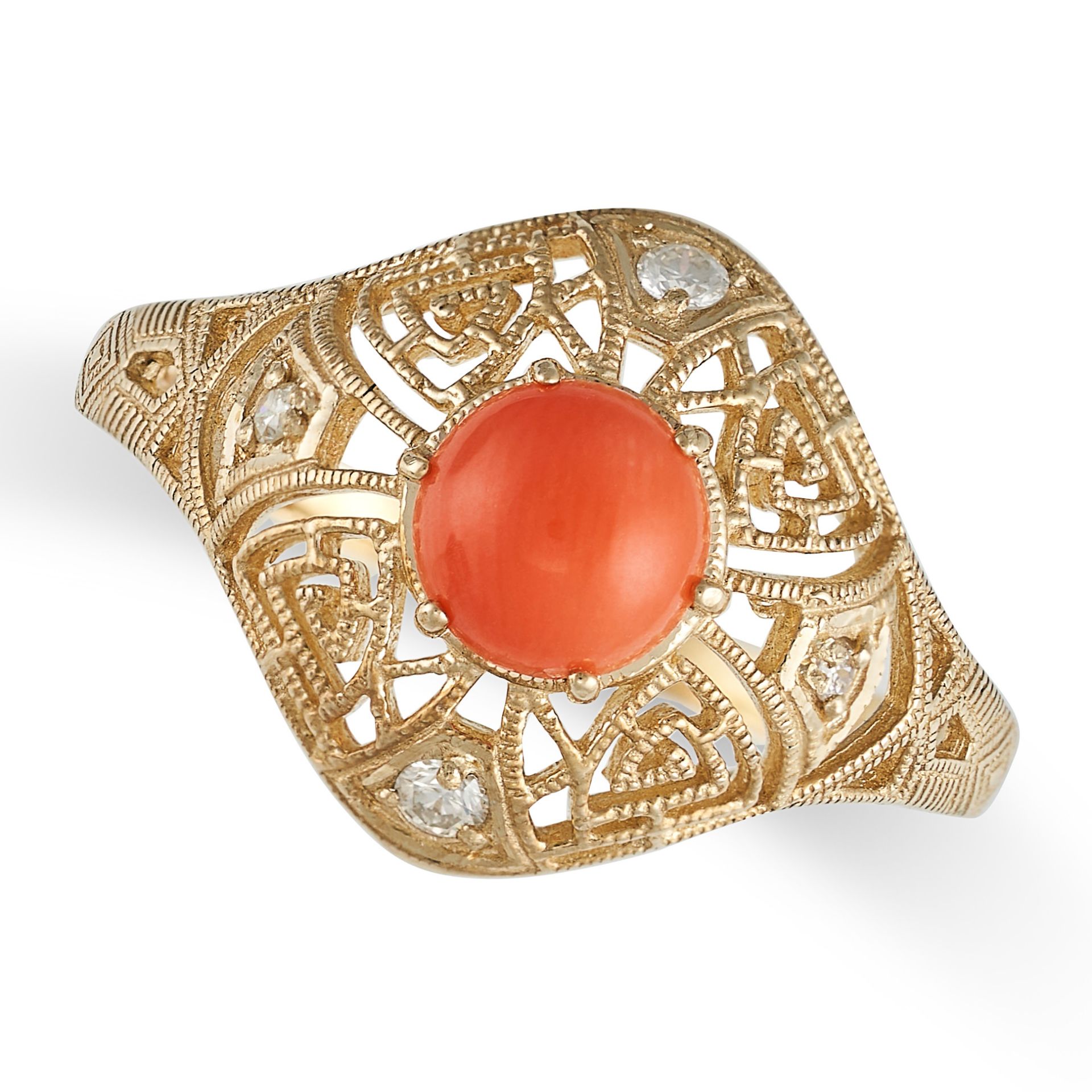 A CORAL AND DIAMOND DRESS RING in 9ct yellow gold, set with a circular cabochon coral in an openw...
