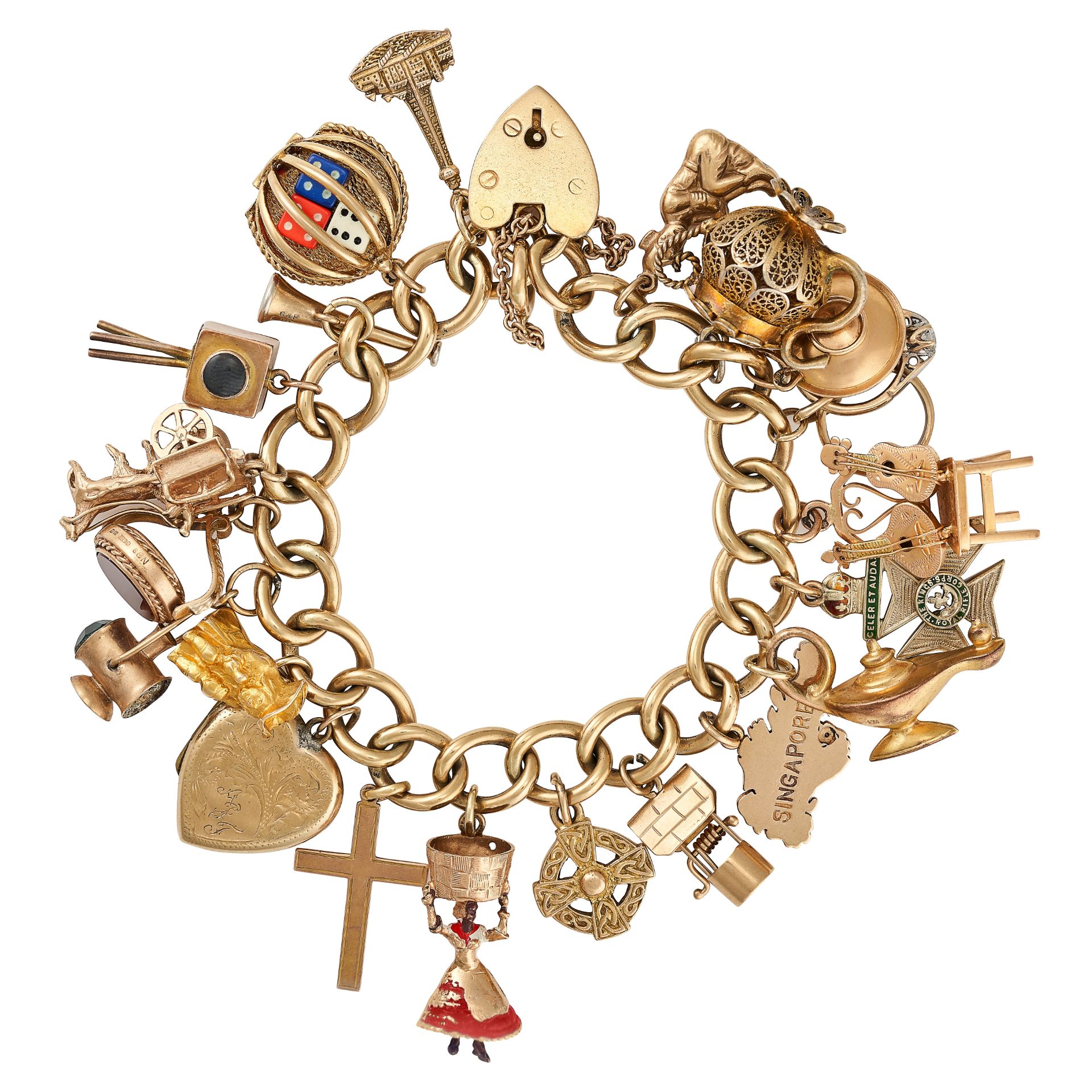A GOLD CHARM BRACELET in 9ct yellow gold, comprising a curb chain bracelet with a heart padlock c...