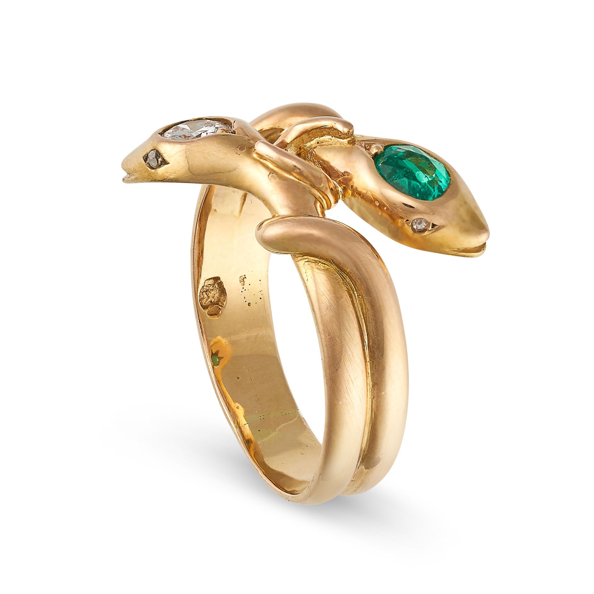 AN EMERALD AND DIAMOND SNAKE RING in yellow gold, designed as two snakes coiled around each other... - Image 2 of 2