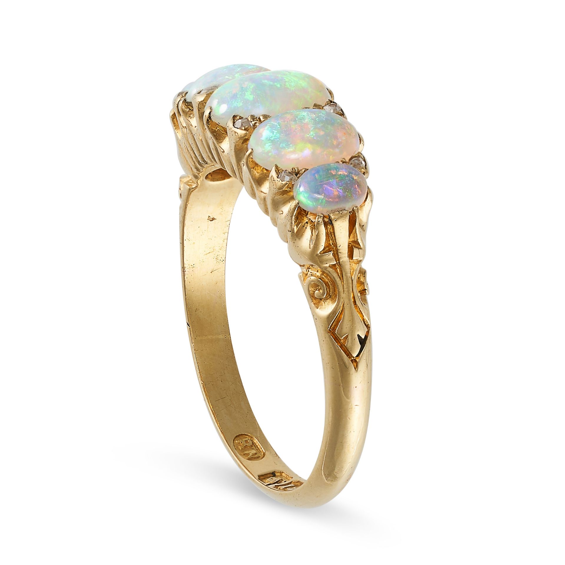 AN ANTIQUE VICTORIAN OPAL AND DIAMOND RING in 18ct yellow gold, set with five graduated cabochon ... - Image 2 of 2