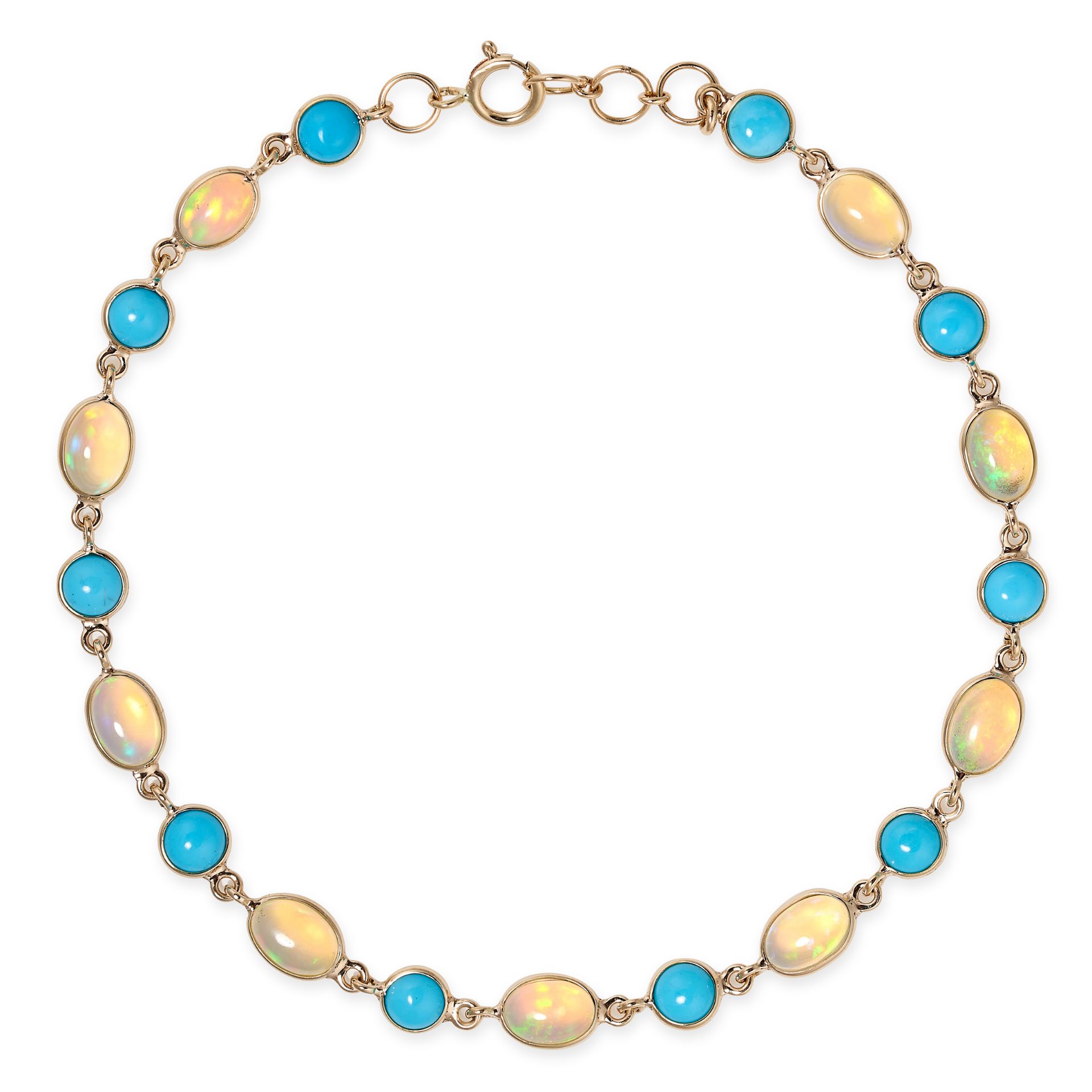 AN OPAL AND TURQUOISE BRACELET in 14ct yellow gold, set with a row of alternating cabochon opals ...