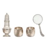 AN ASSORTED LOT OF VINTAGE & ANTIQUE SILVER including a sugar shaker, with full British hallmarks...