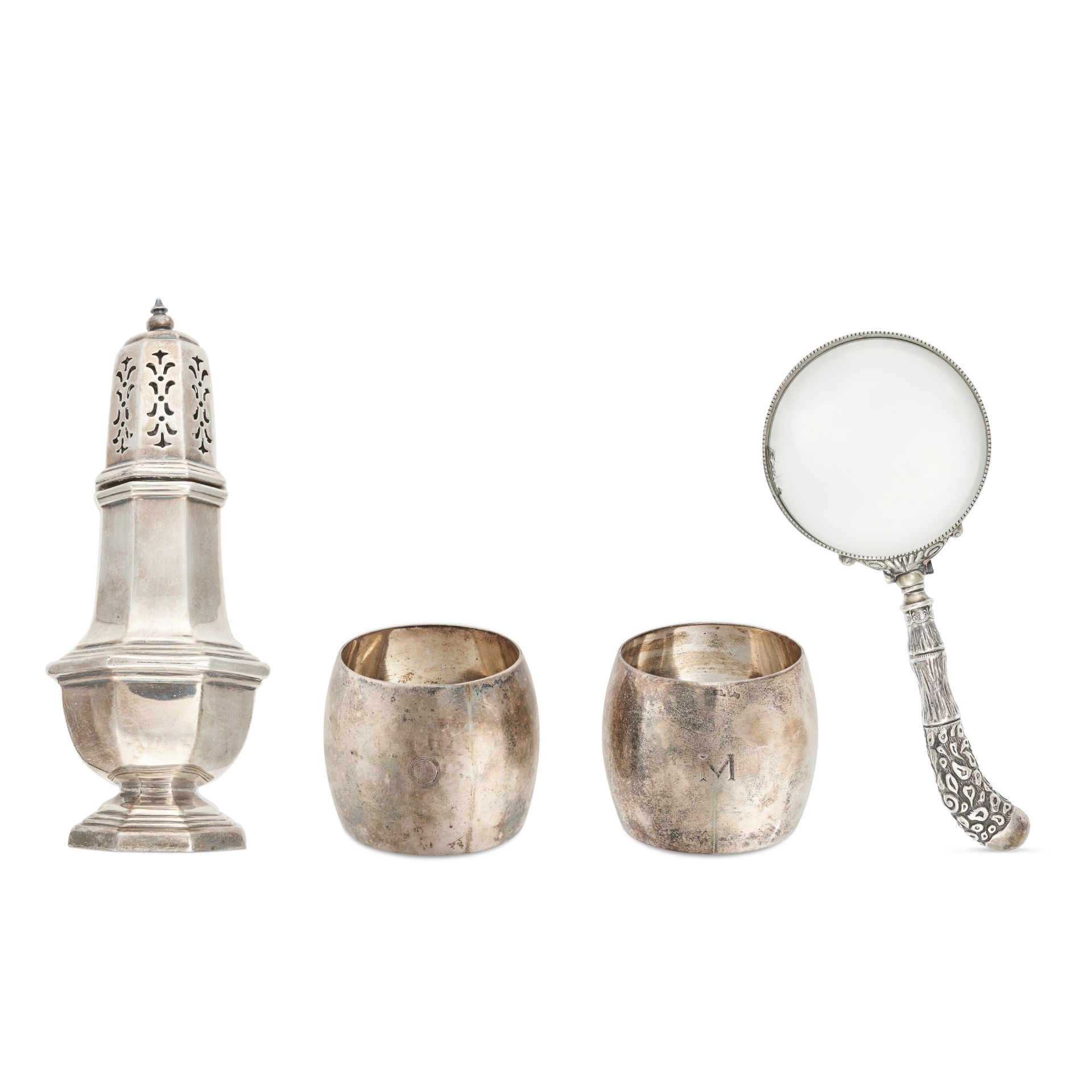 AN ASSORTED LOT OF VINTAGE & ANTIQUE SILVER including a sugar shaker, with full British hallmarks...