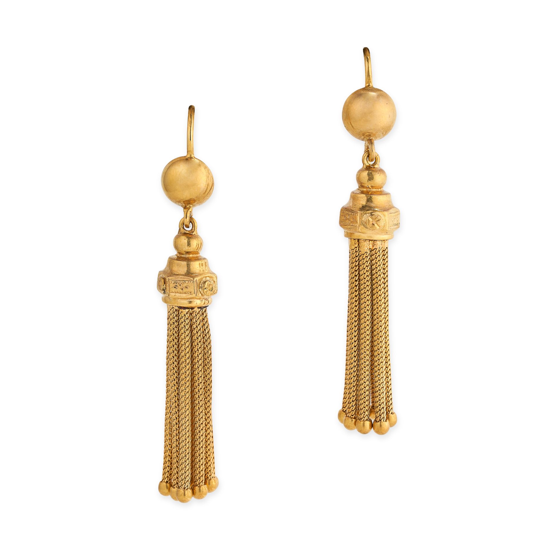 A PAIR OF GOLD TASSEL EARRINGS in yellow gold, each comprising a gold sphere suspending a series ...