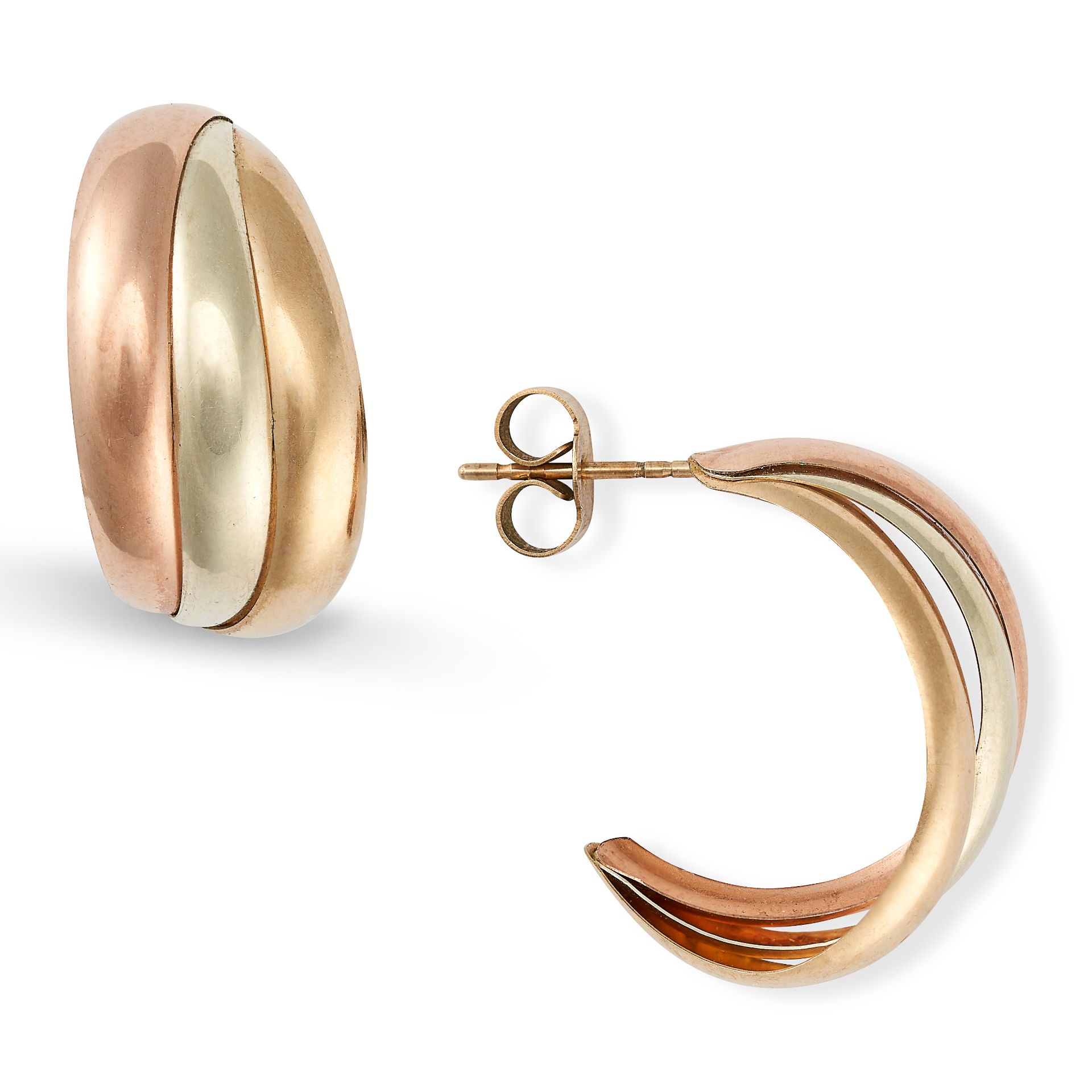 A PAIR OF GOLD HOOP EARRINGS in 9ct gold, each formed of three overlapping half hoops of rose, wh...