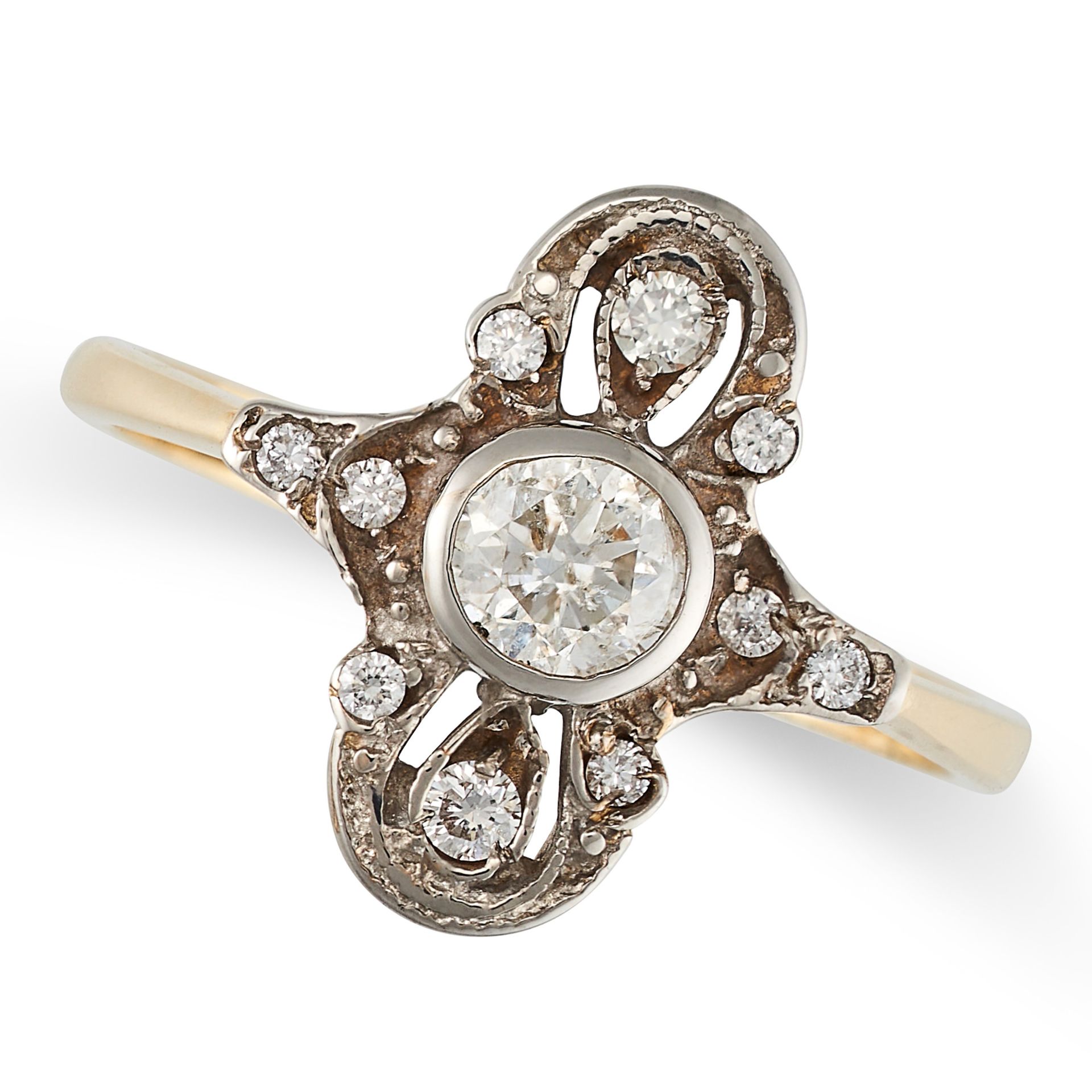 A DIAMOND DRESS RING in 18ct yellow and white gold, the ring set with a central round brilliant c...