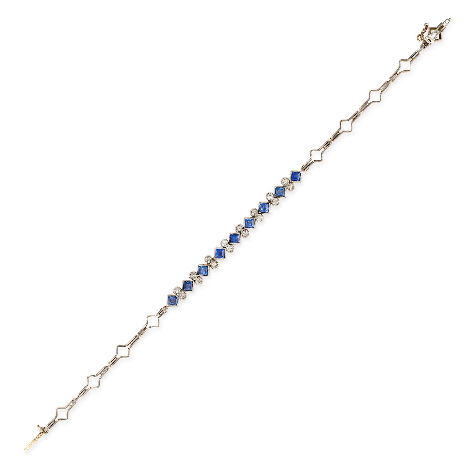 A SAPPHIRE AND DIAMOND BRACELET, EARLY 20TH CENTURY comprising a row of alternating square step c...