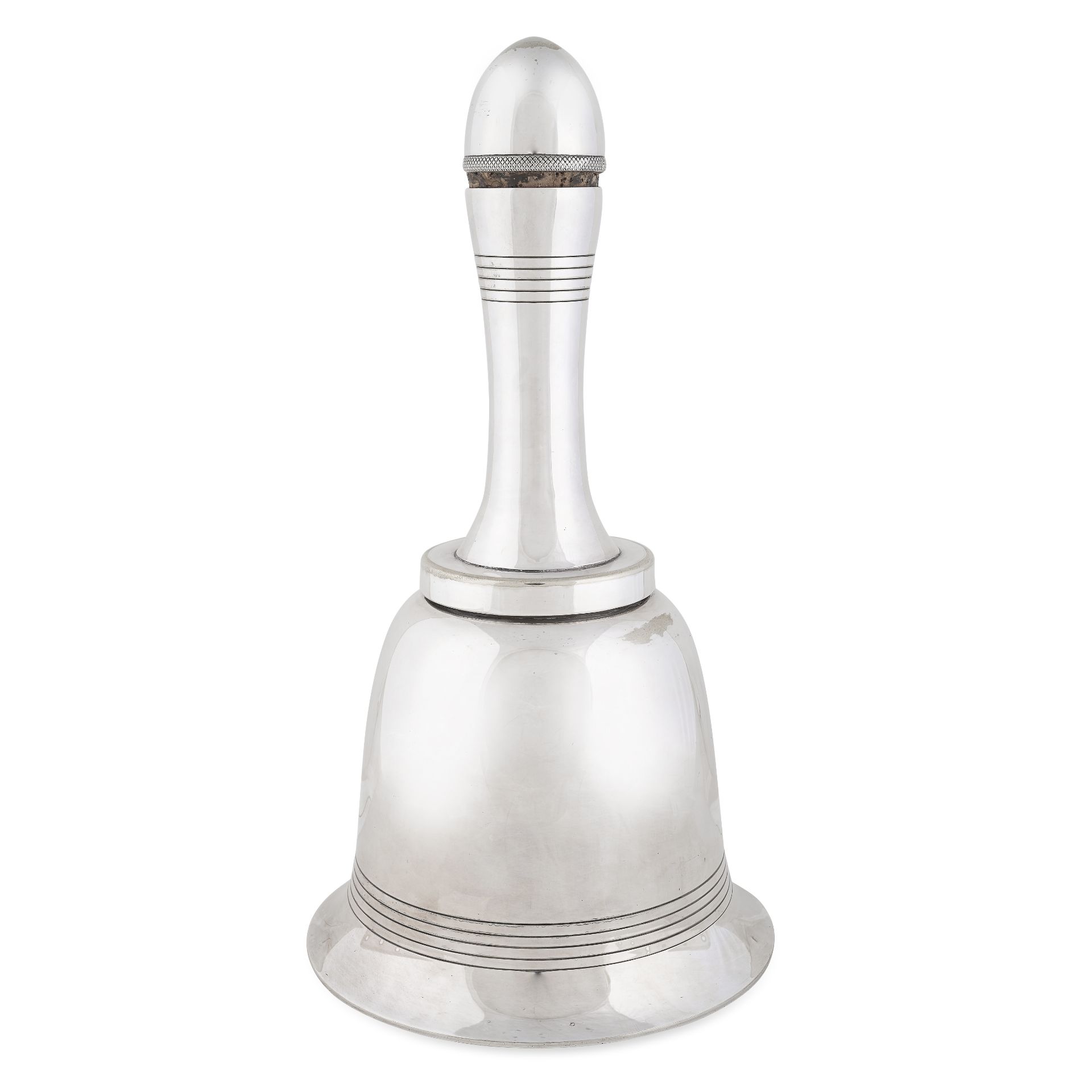 ASPREY, A VINTAGE 'JOY BELL' SILVER COCKTAIL SHAKER in silver plate, designed as a bell, stamped ...
