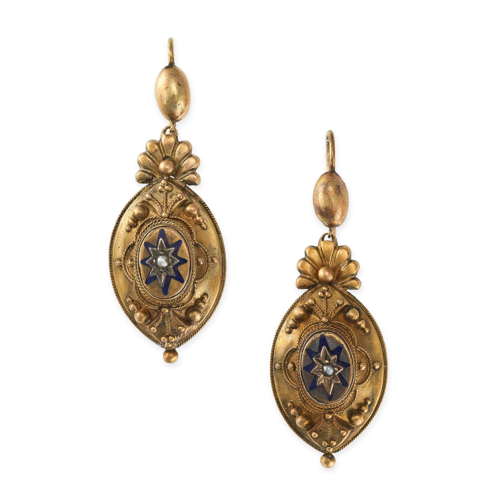 A PAIR OF ANTIQUE PEARL AND ENAMEL DROP EARRINGS, 19TH CENTURY in yellow gold, the navette shaped...