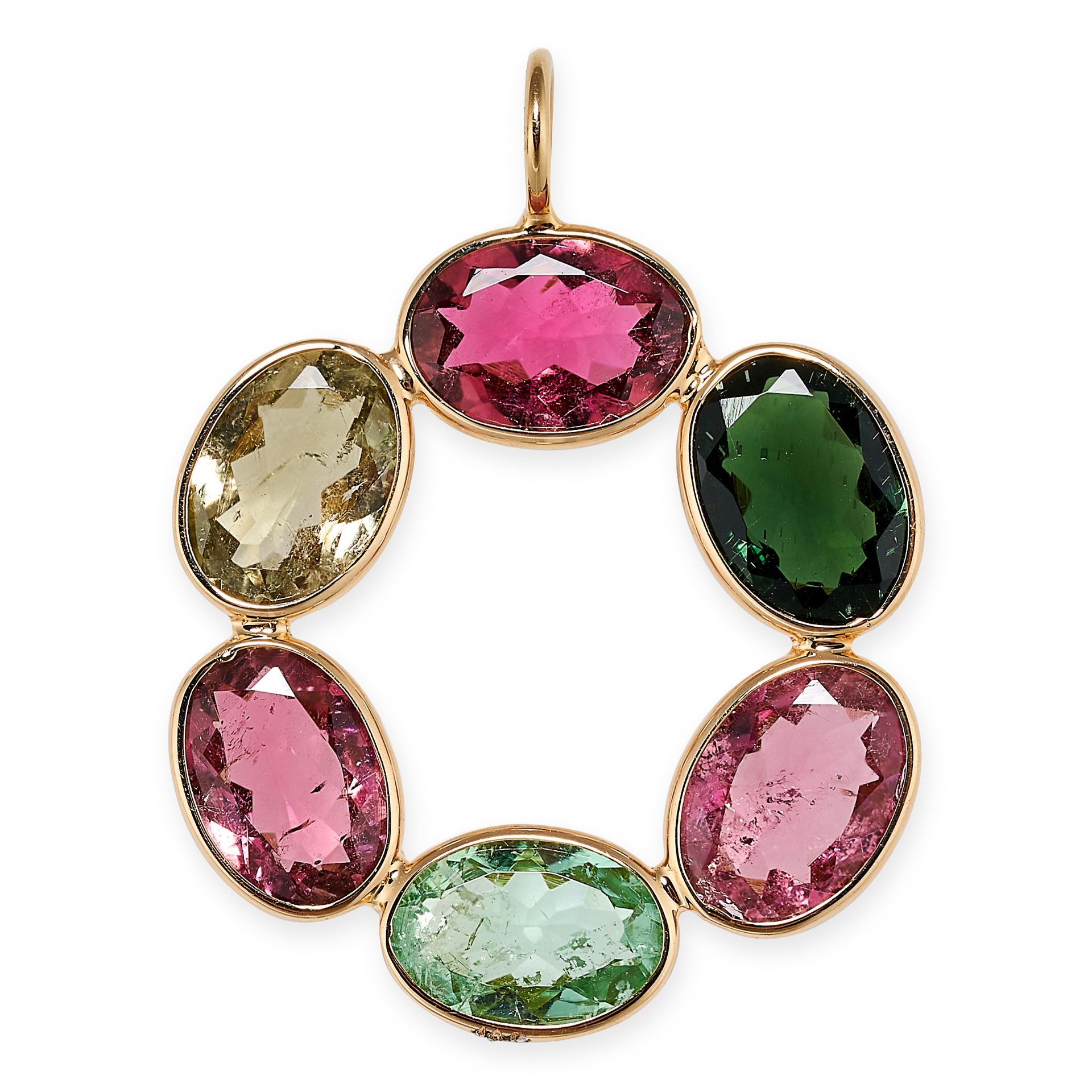 A MULTICOLOURED TOURMALINE PENDANT in 18ct yellow gold, designed as an open circle set with oval ...