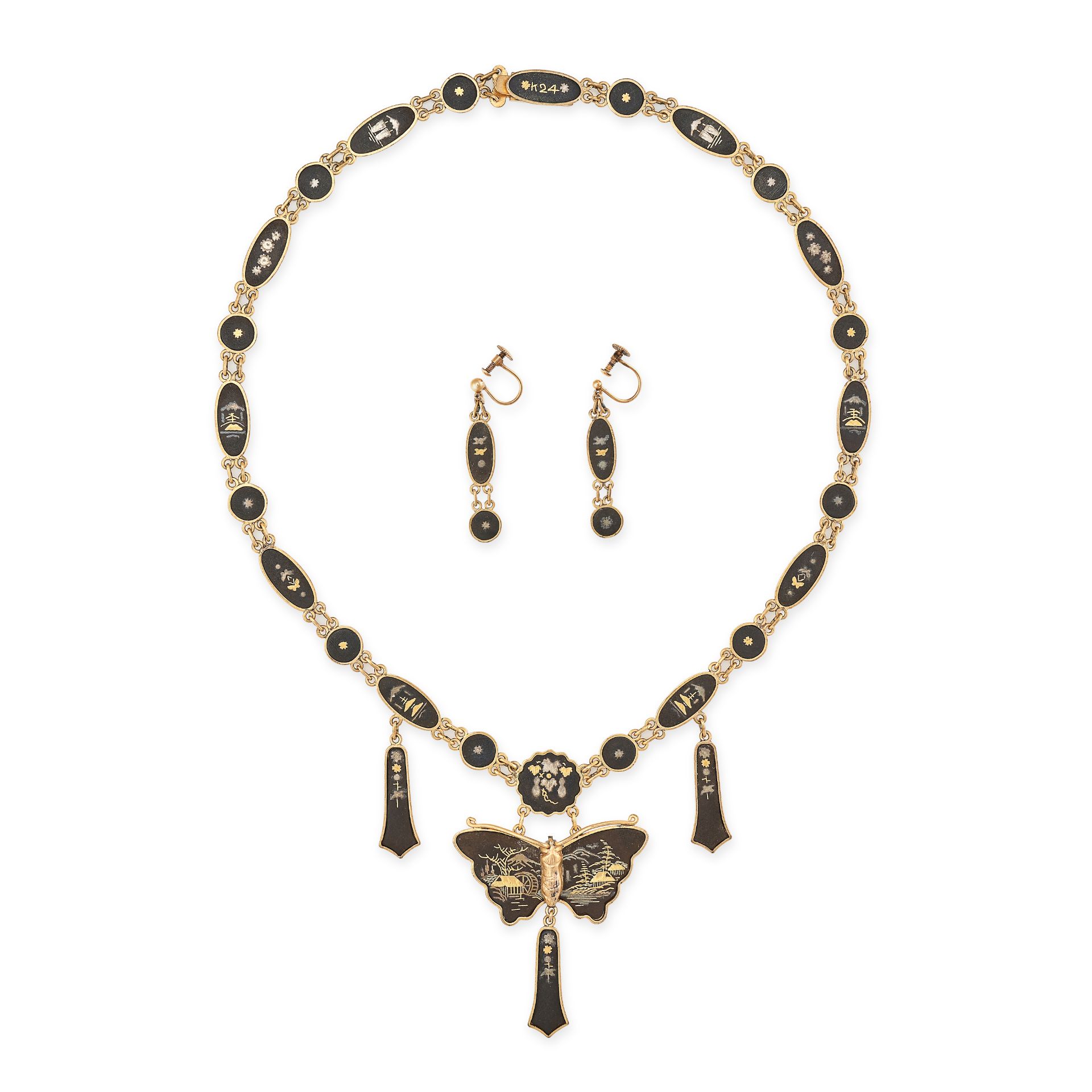 A SHAKUDO NECKLACE AND EARRINGS SET comprising a necklace with Shakudo links inlaid with floral d...