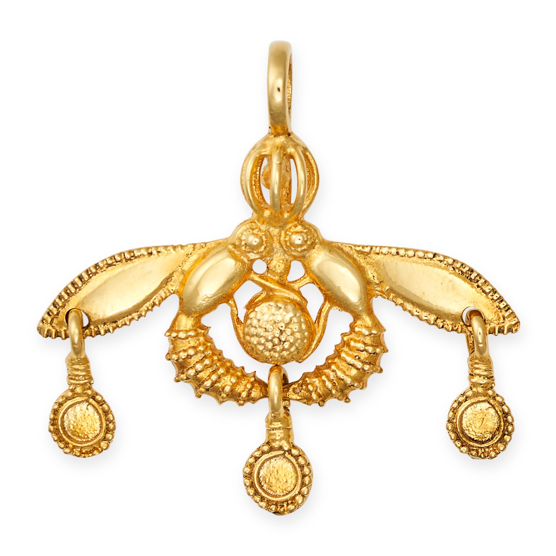 A BEE CHARM / PENDANT in 14ct yellow gold, designed as two bees with three articulated drops, sta...