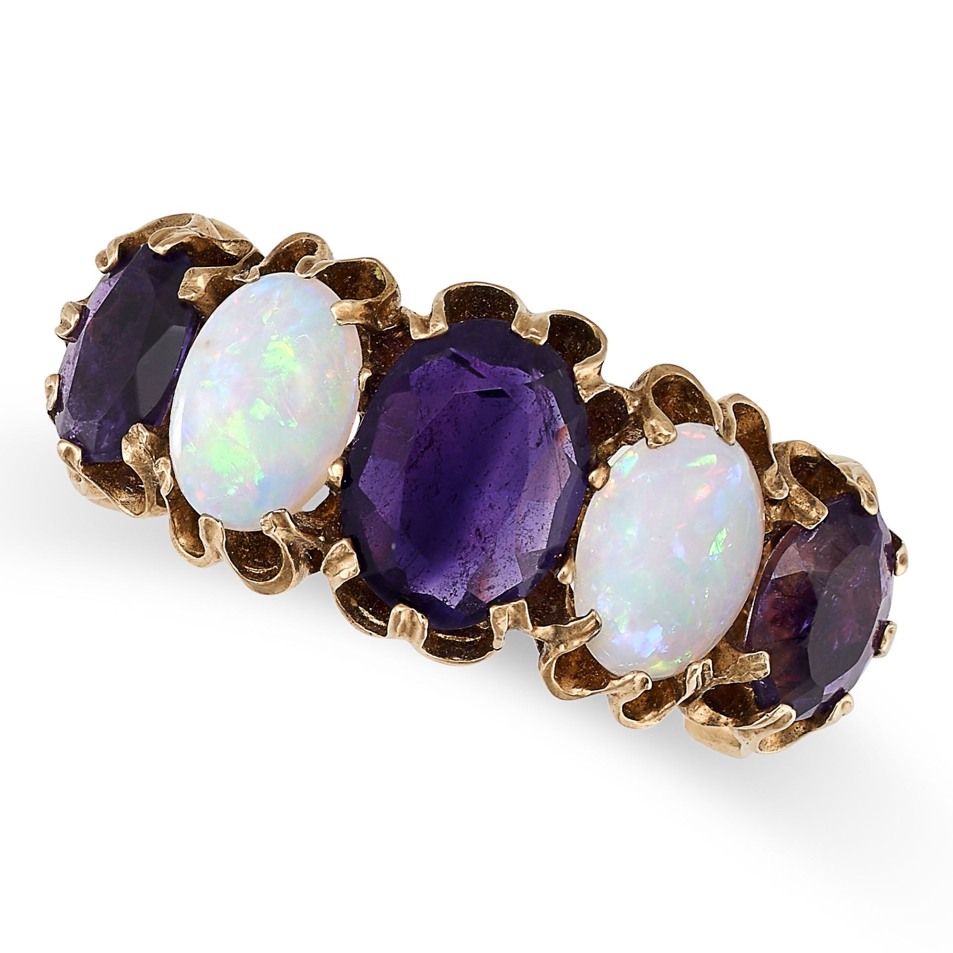 A VINTAGE OPAL AND AMETHYST RING in 9ct yellow gold, set with alternating oval cut amethysts and ...