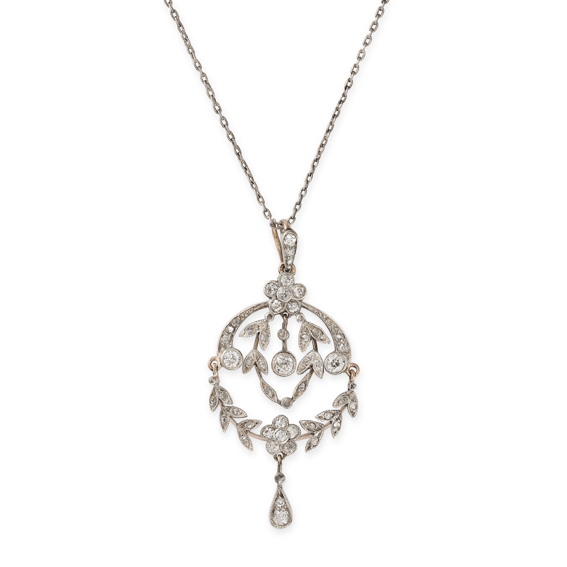 A BELLE EPOQUE DIAMOND PENDANT NECKLACE designed as an articulated wreath suspending a diamond dr...