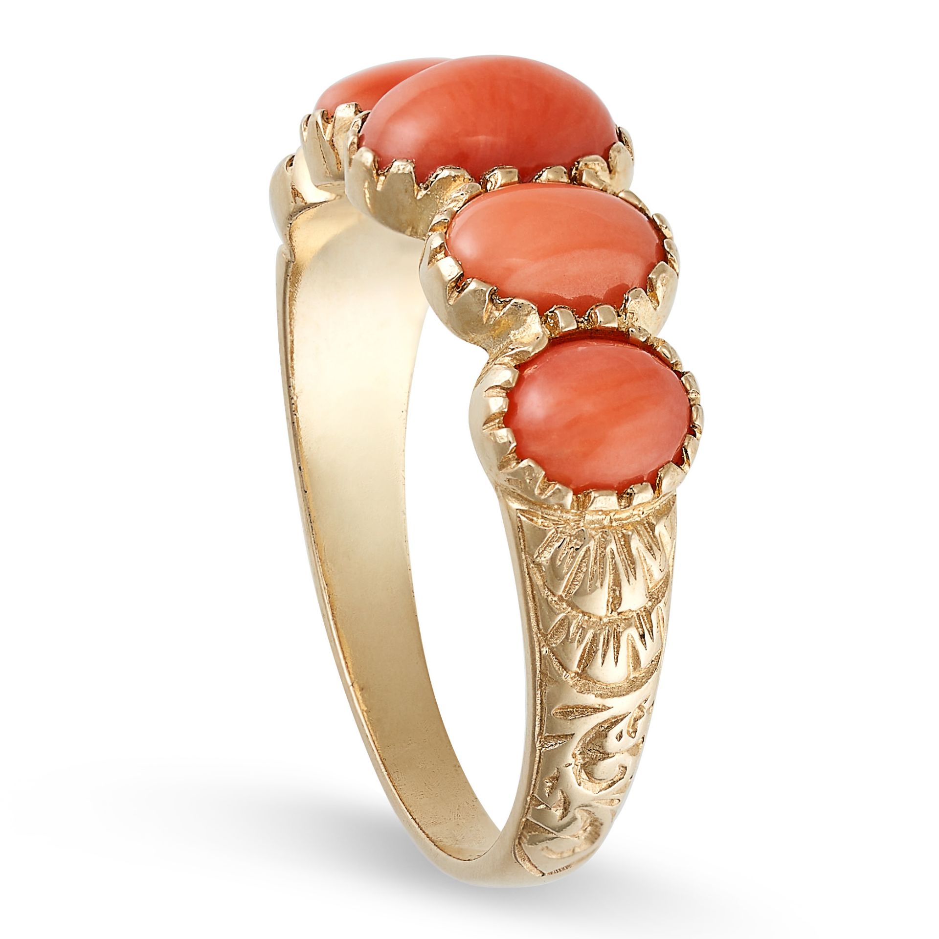 A CORAL FIVE STONE RING in 9ct yellow gold, set with five oval cabochon cut coral to engraved sho... - Image 2 of 2