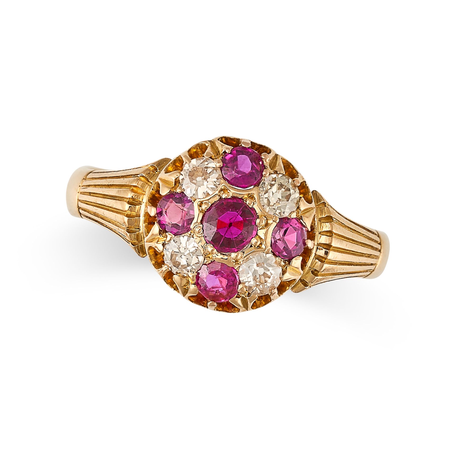 AN ANTIQUE RUBY AND DIAMOND RING in 18ct yellow gold, set with round cut rubies accented by old c...