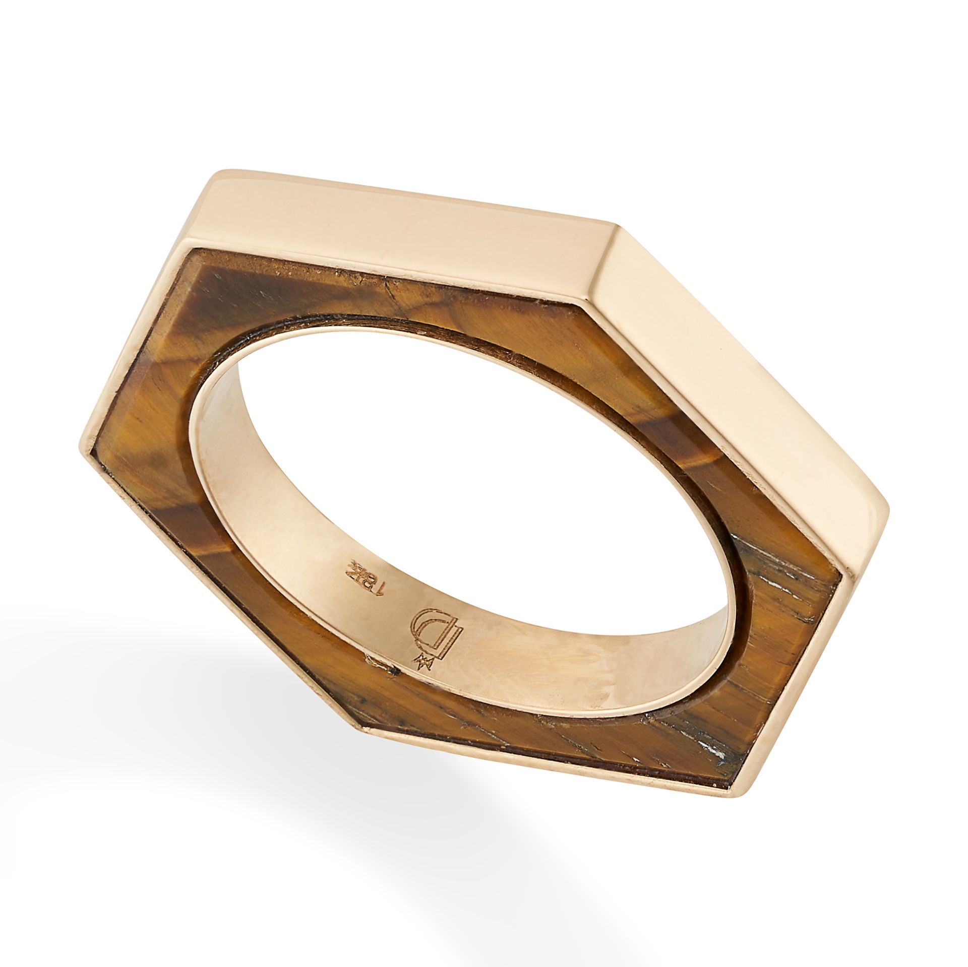 A TIGER'S EYE RING / PENDANT in 18ct yellow gold, in hexagonal design set on both sides with tige...