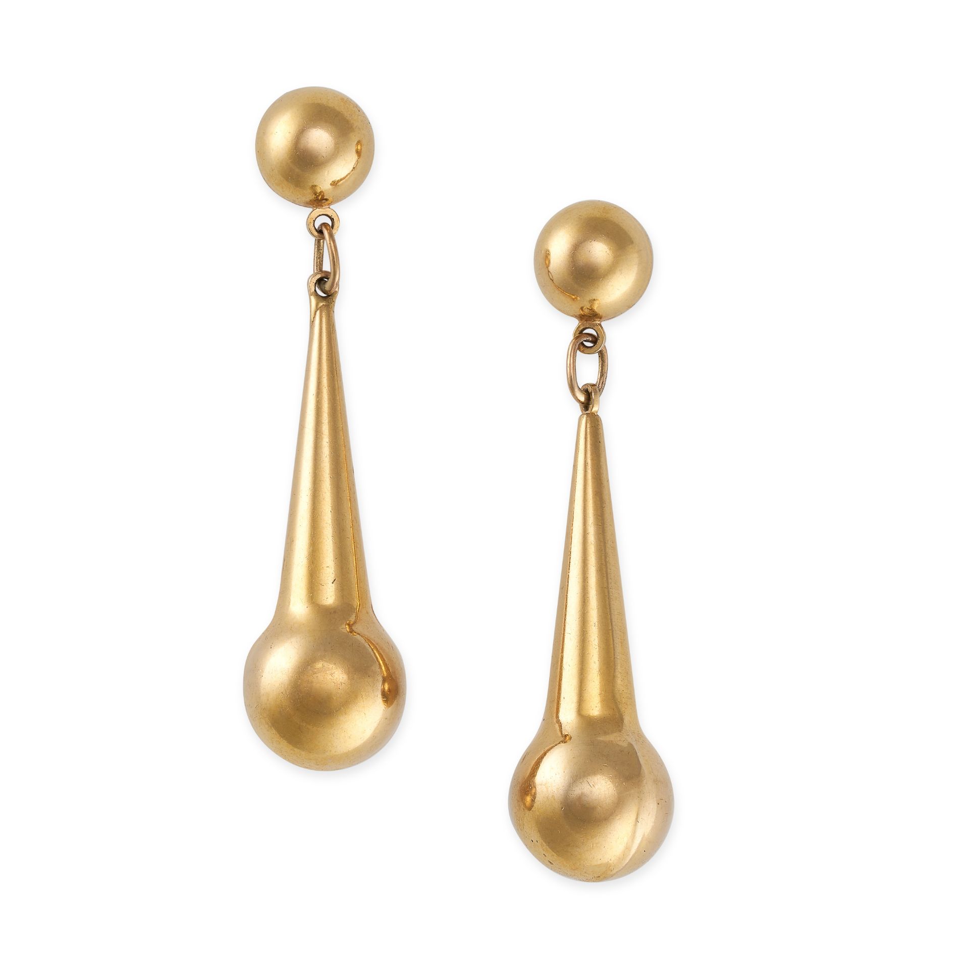 A PAIR OF ANTIQUE GOLD DROP EARRINGS in yellow gold, each comprising a gold bead suspending a tap...