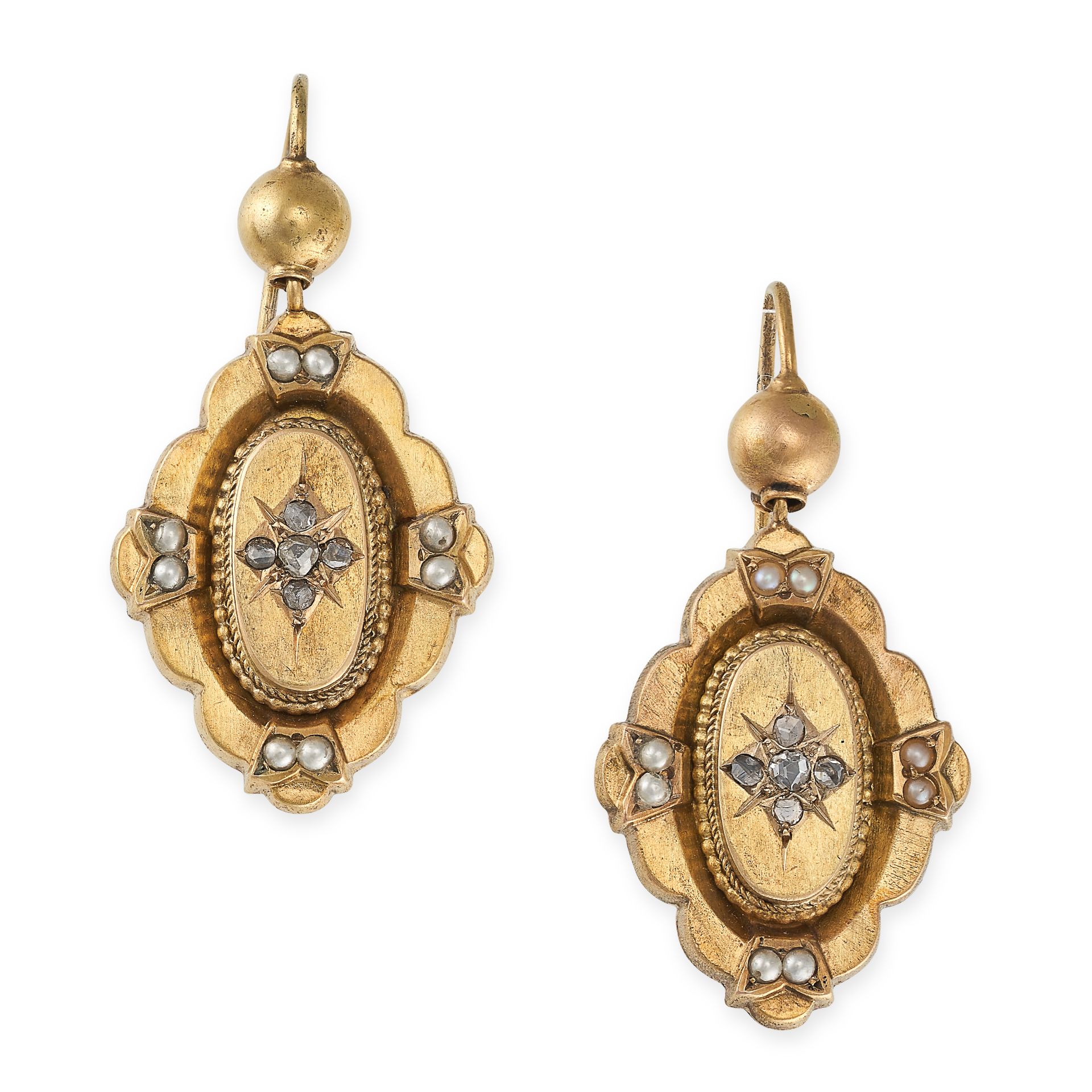 A PAIR OF ANTIQUE ETRUSCAN REVIVAL DIAMOND AND PEARL EARRINGS in yellow gold, set to the centre w...
