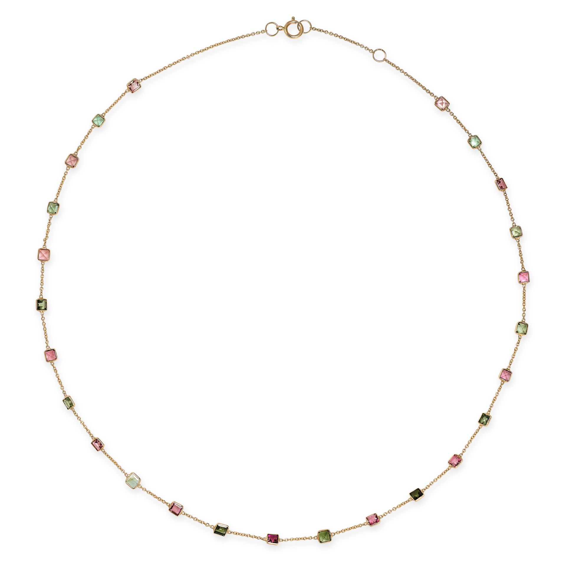 A MULTICOLOURED TOURMALINE CHAIN NECKLACE in 18ct yellow gold, the chain set set with square step...
