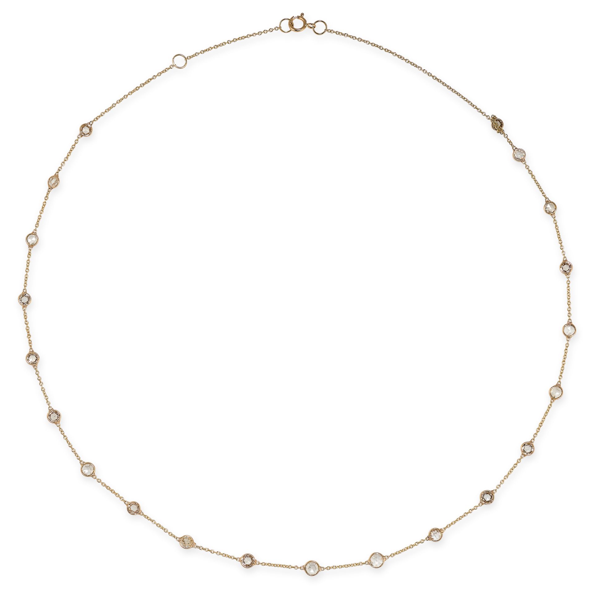 A DIAMOND CHAIN NECKLACE in 18ct yellow gold, the chain set with twenty one rose cut diamonds, st...