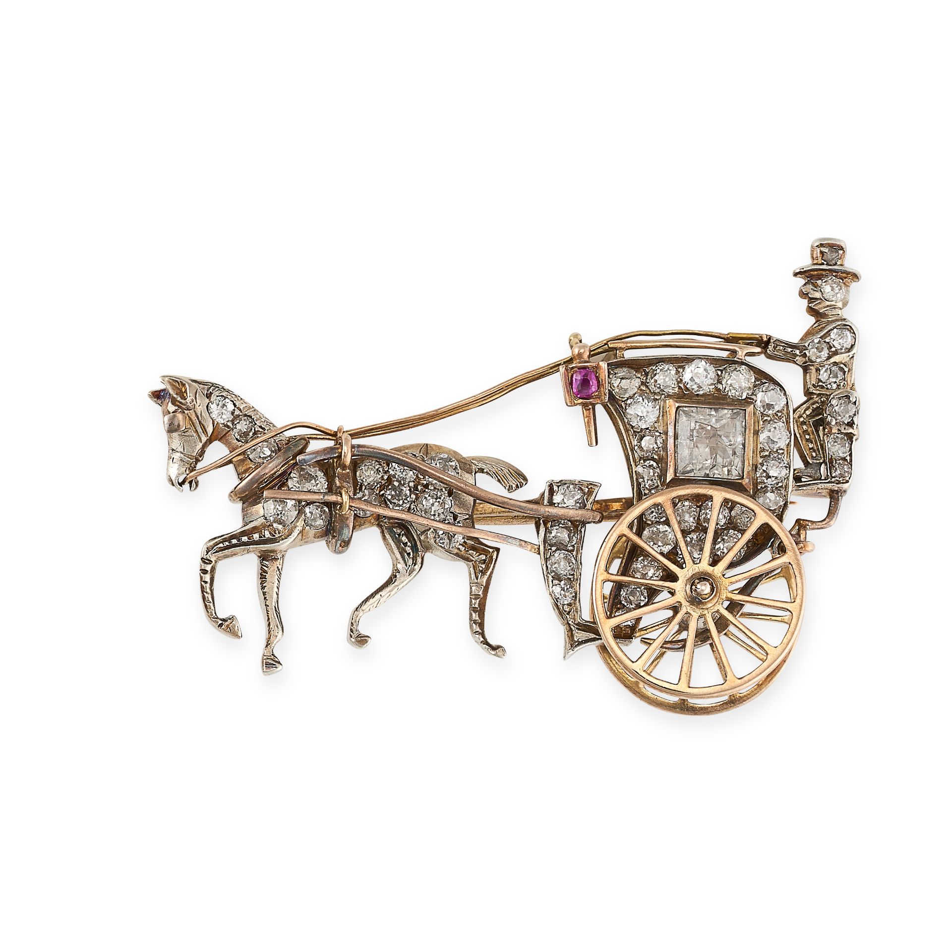 AN ANTIQUE DIAMOND AND RUBY HORSE DRAWN CARRIAGE BROOCH in yellow gold, designed as a man driving...