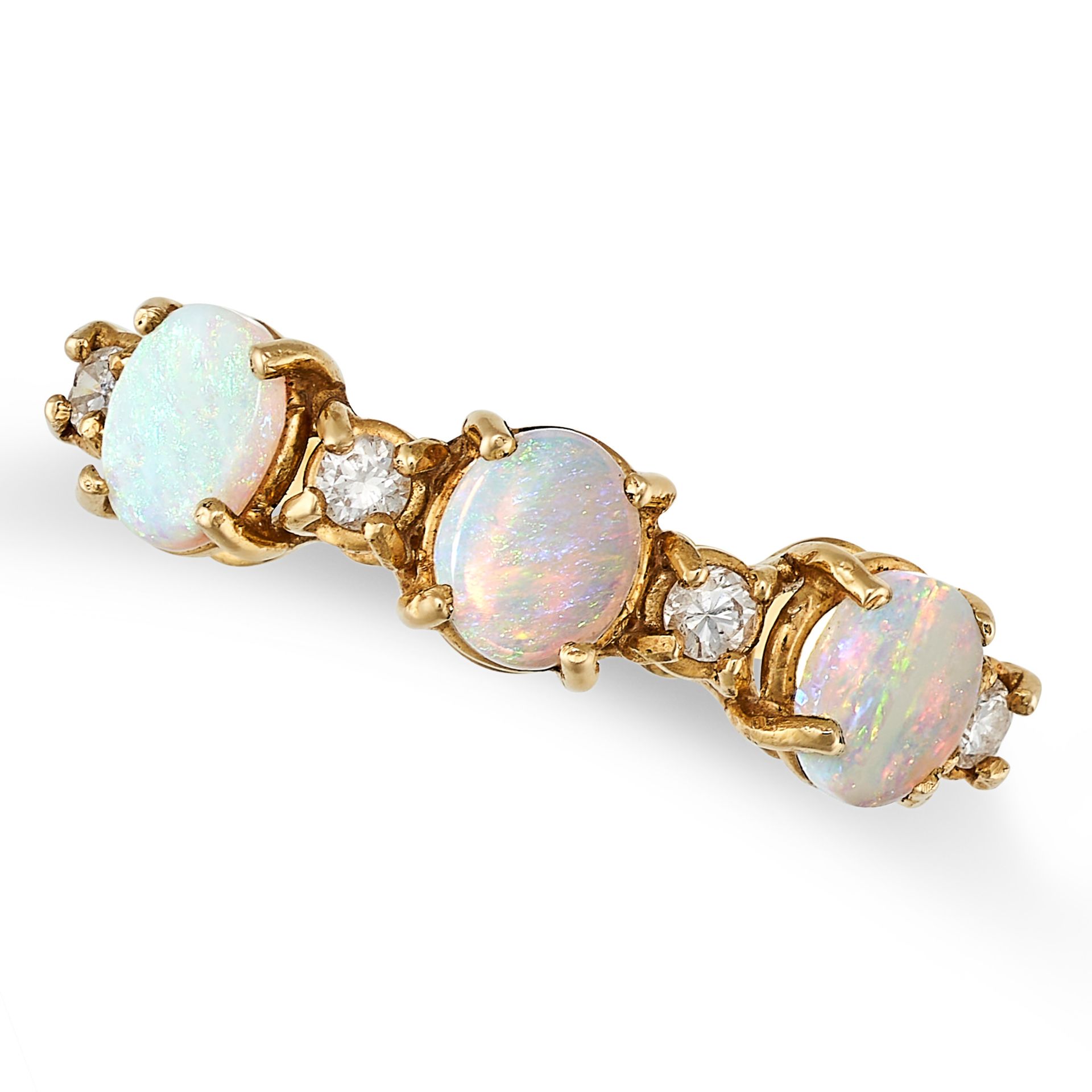 AN OPAL AND DIAMOND RING in 18ct yellow set with alternating round brilliant cut diamonds and ca...