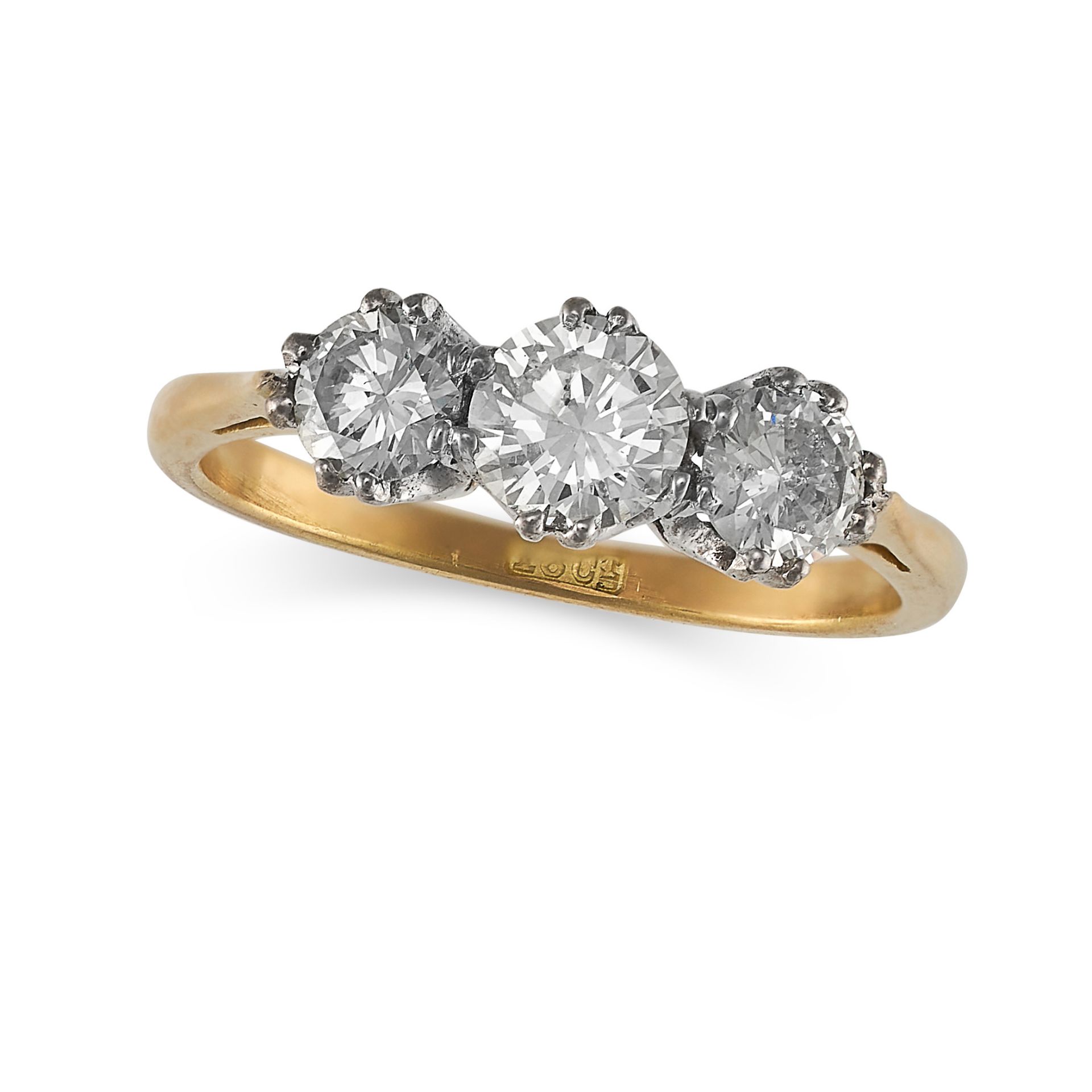 A DIAMOND THREE STONE RING in 18ct yellow gold, set with three round brilliant cut diamonds total...