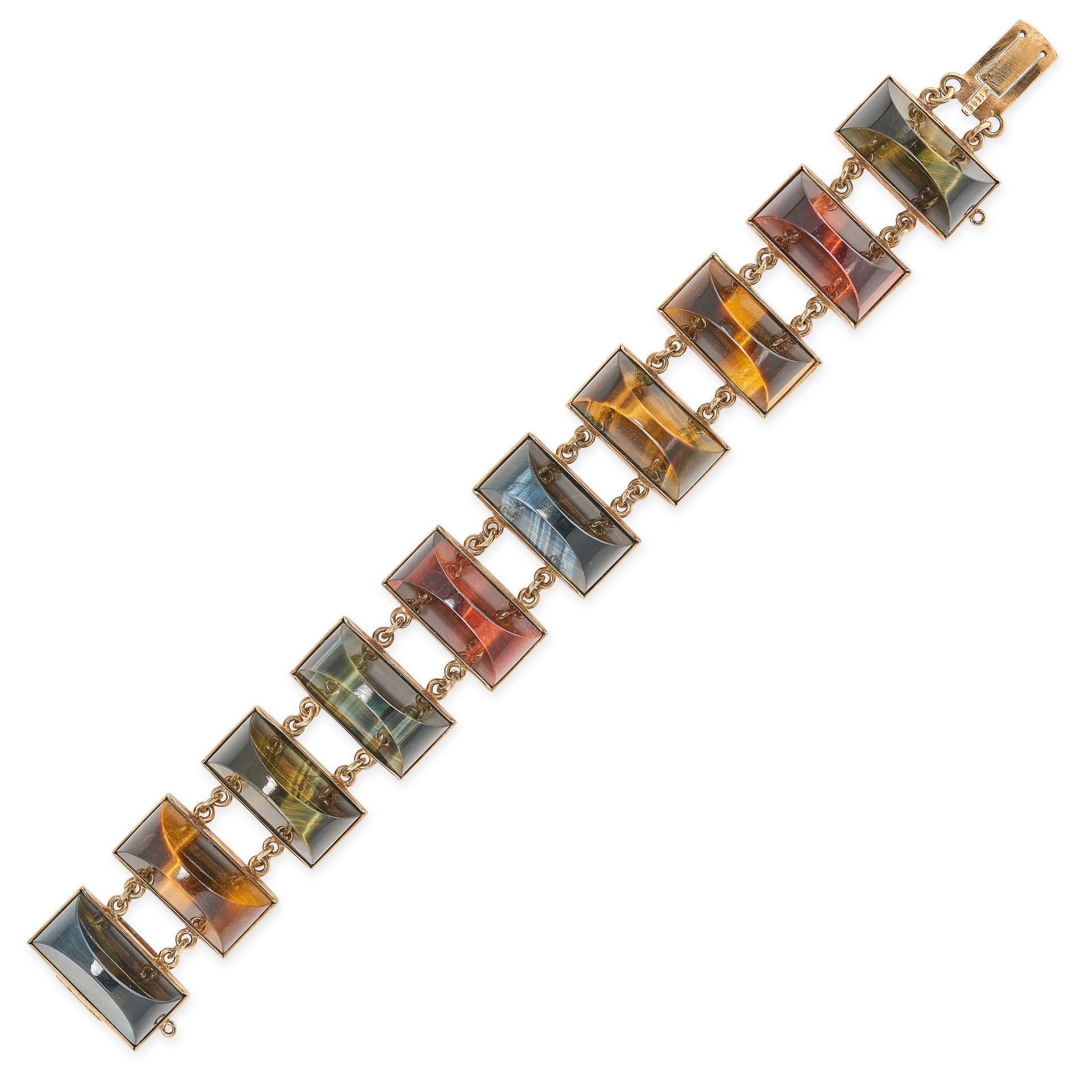 AN ANTIQUE TIGER'S EYE AND HAWK'S EYE BRACELET in 9ct yellow gold, comprising a row of ten links ...