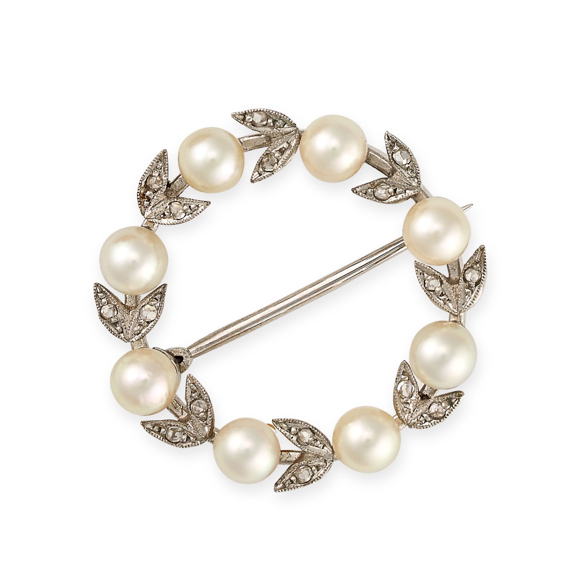 A PEARL AND DIAMOND WREATH BROOCH designed as a wreath of laurel leaves set throughout with rose ...