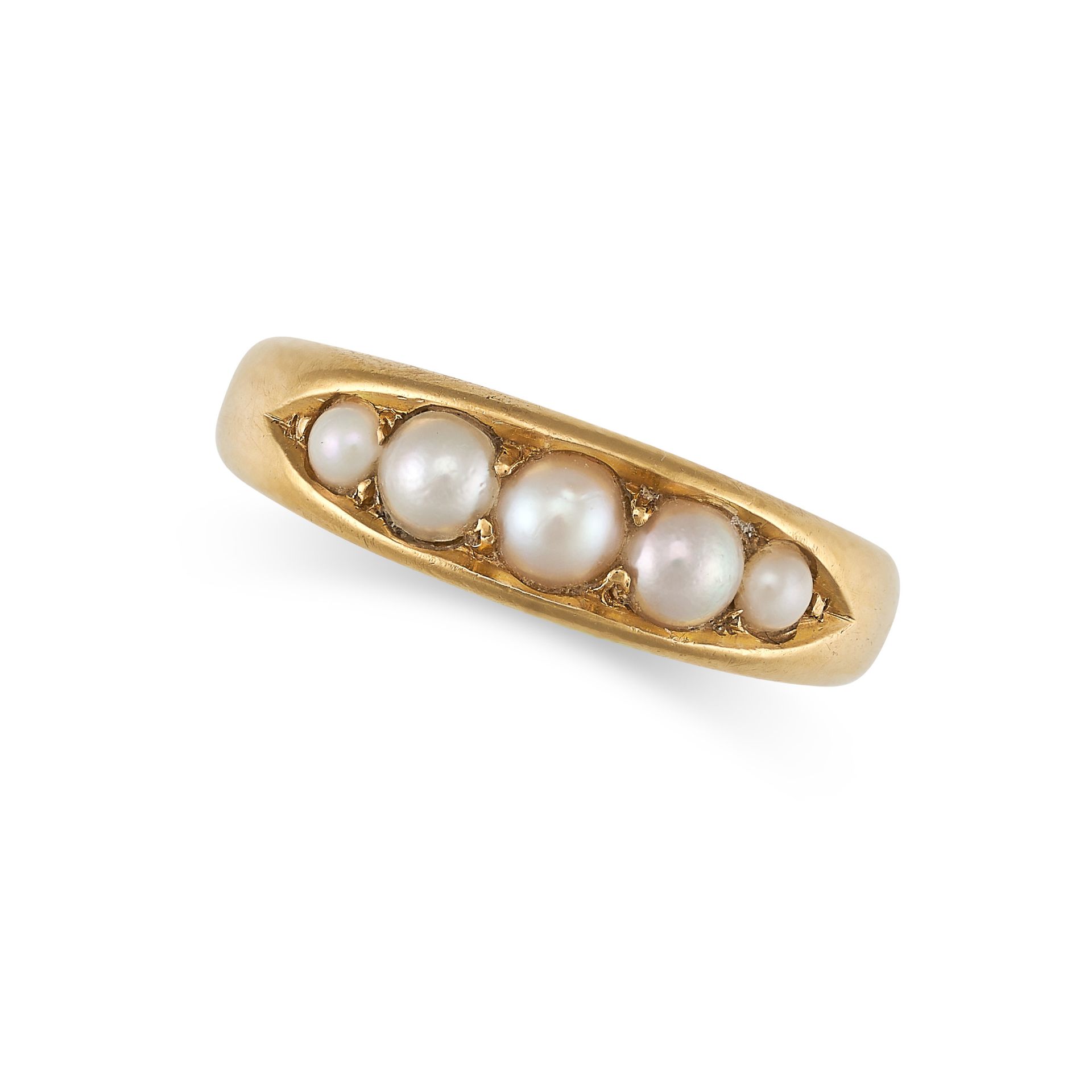 AN ANTIQUE VICTORIAN PEARL RING in 18ct yellow gold, the band set with five pearls, full British ...